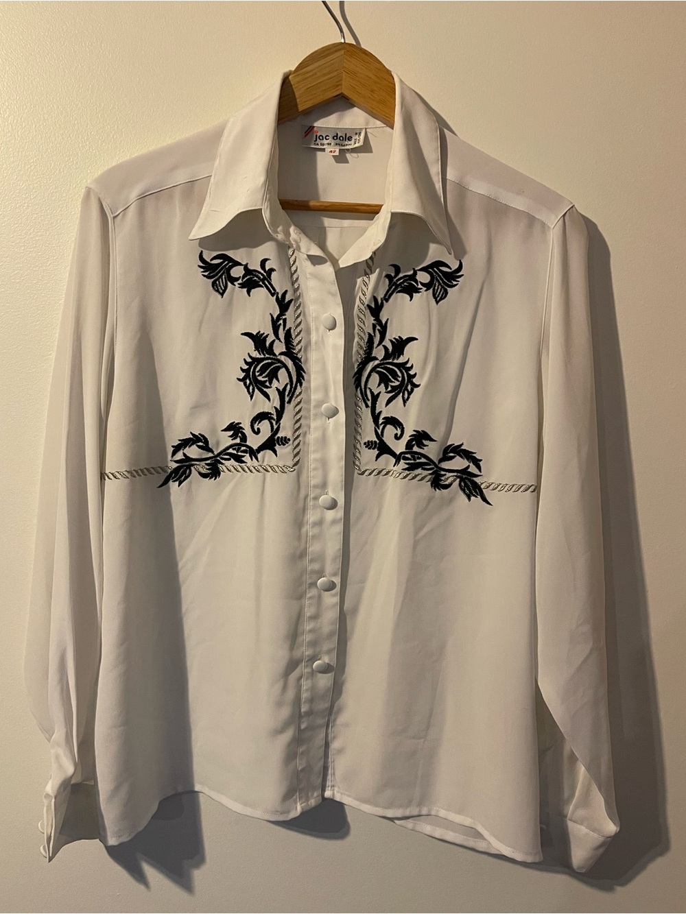 Jac Dale Vintage Embroidered Western Button Down Blouse White Black 42 XL